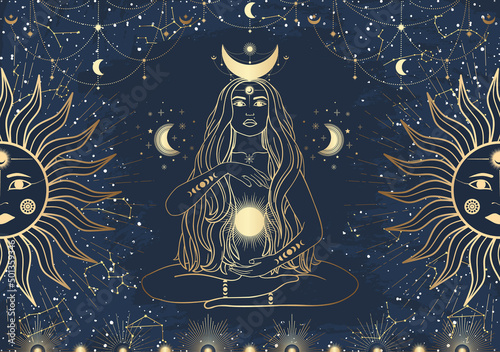 Fotografia Hand drawn card of golden mystical woman with Sun, Moon, star in line art