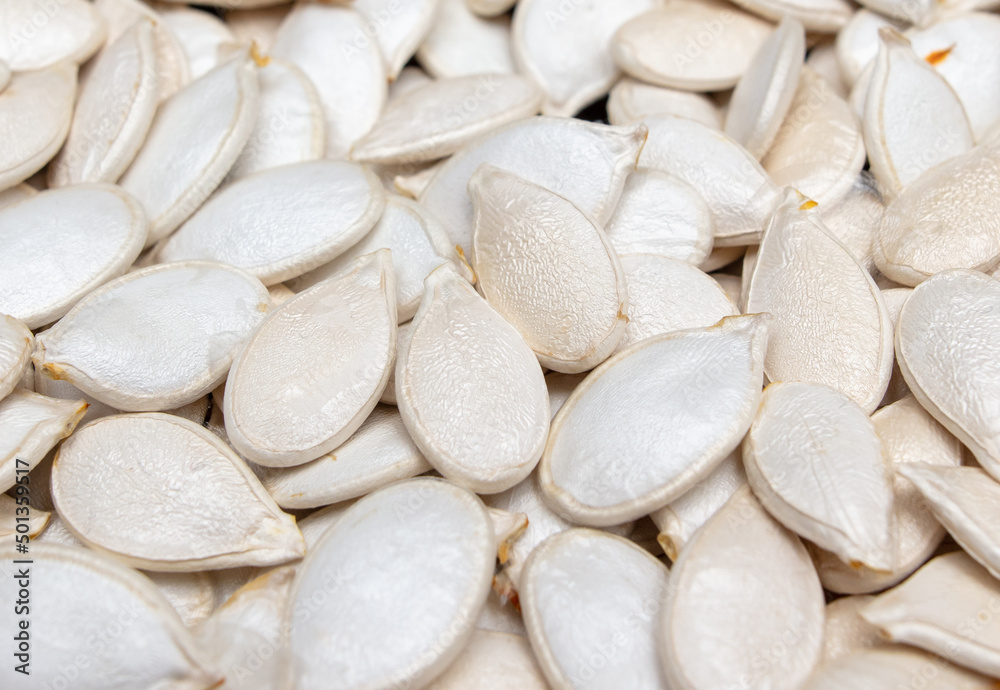 White pumpkin seeds as background.