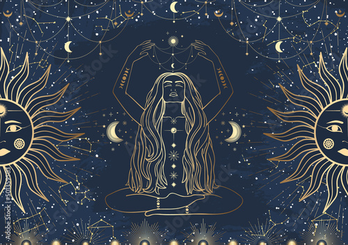 Hand drawn card of golden mystical woman with Sun, Moon, star in line art. Constellation celestial space. Spiritual abstract symbol, esoteric talisman. Magic space galaxy, vector sketch illustration