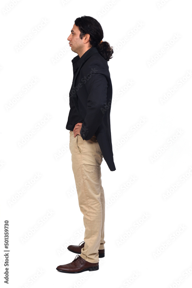 side view of a serious man with shirt, shoes and blazer on white background side view of a serious man with shirt, shoes and blazer on white background