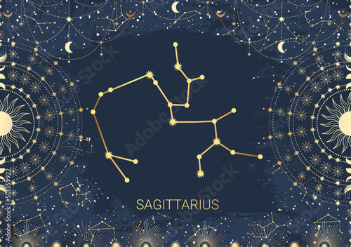 Hand drawn card of golden Sagittarius, Sun, Moon, star. Constellation celestial space. Zodiac horoscope symbol, star astrology, astrology sign, icon. Magic space galaxy, vector sketch illustration