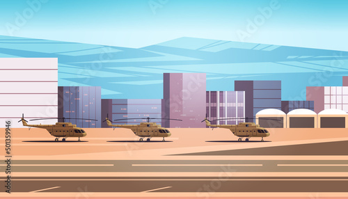 green helicopters special battle transport on military airport runway and aviation control point stop war against Ukraine