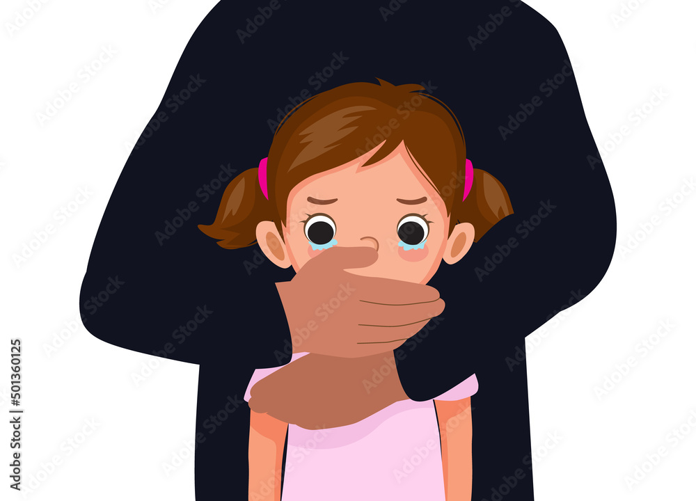 Scared and sad kidnapped little girl with adult hand cover her mouth