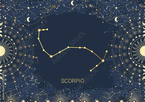 Hand drawn card of golden Scorpio, Sun, Moon, star. Constellation celestial space. Zodiac horoscope symbol, star astrology, astrology sign, icon. Magic space galaxy, vector sketch illustration