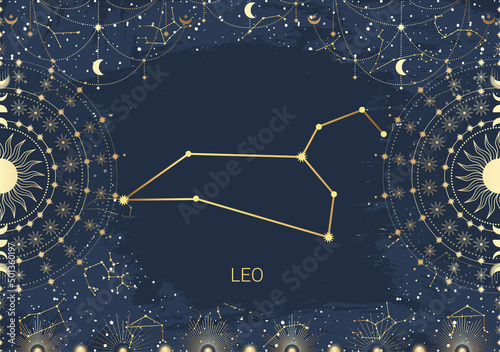 Hand drawn card of golden Leo, Sun, Moon, star. Constellation celestial space. Zodiac horoscope symbol, star astrology, astrology sign, icon. Magic space galaxy, vector sketch illustration