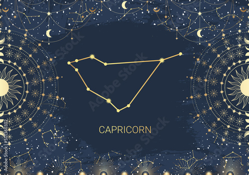 Hand drawn card of golden Capricorn, Sun, Moon, star. Constellation celestial space. Zodiac horoscope symbol, star astrology, astrology sign, icon. Magic space galaxy, vector sketch illustration