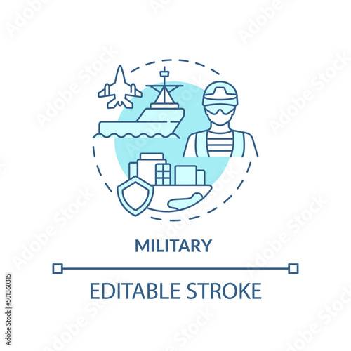Military turquoise concept icon. Armed forces. State defence. Social institution abstract idea thin line illustration. Isolated outline drawing. Editable stroke. Arial, Myriad Pro-Bold fonts used