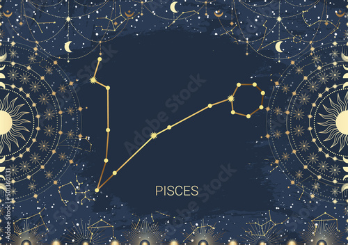Hand drawn card of golden Pisces, Sun, Moon, star. Constellation celestial space. Zodiac horoscope symbol, star astrology, astrology sign, icon. Magic space galaxy, vector sketch illustration