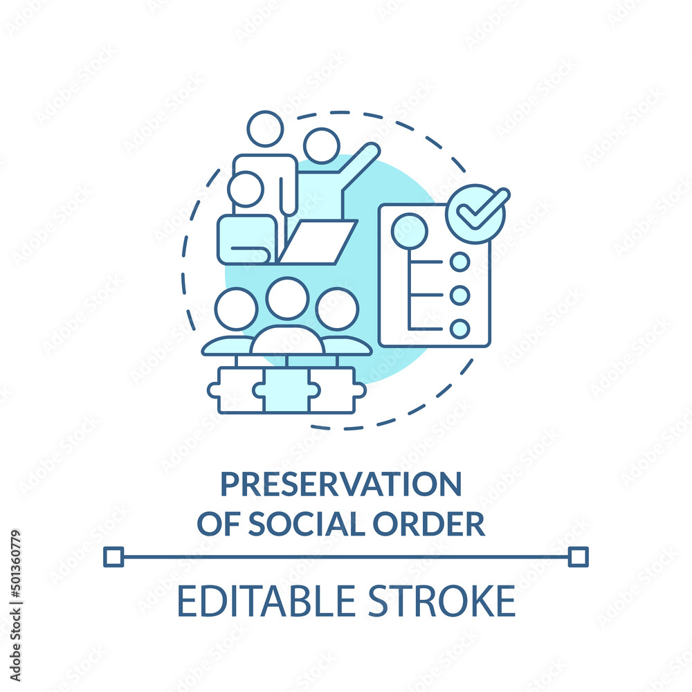 Preservation of social order turquoise concept icon. Social institutions function abstract idea thin line illustration. Isolated outline drawing. Editable stroke. Arial, Myriad Pro-Bold fonts used