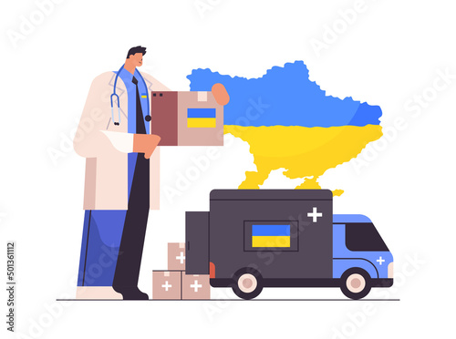 doctor giving help box with medical supplies to refugees humanitarian aid material assistance governmental help
