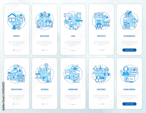 Social institutions blue onboarding mobile app screen set. Walkthrough 5 steps graphic instructions pages with linear concepts. UI, UX, GUI template. Myriad Pro-Bold, Regular fonts used