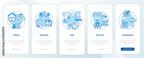 Social institutions list blue onboarding mobile app screen. Walkthrough 5 steps graphic instructions pages with linear concepts. UI, UX, GUI template. Myriad Pro-Bold, Regular fonts used