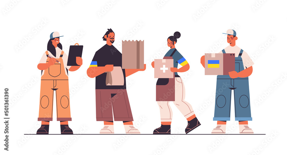 volunteers giving help boxes with Ukraininan flag to refugees humanitarian aid material assistance governmental help volunteers giving help boxes with Ukraininan flag to refugees humanitarian aid material assistance governmental help