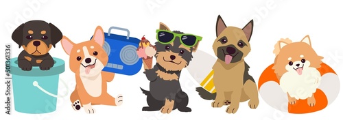 The collection of cute dog and friends with summer theme in flat vector style. illustration animal and pet for graphic.