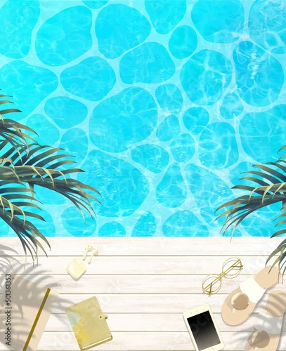 エメラルドグリーンの美しい海とウッドデッキの上にヤシの葉やサンダル、サングラス,スマホの夏背景素材