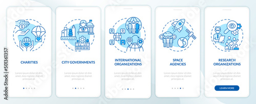 Institutions examples blue onboarding mobile app screen. Organizations walkthrough 5 steps graphic instructions pages with linear concepts. UI, UX, GUI template. Myriad Pro-Bold, Regular fonts used