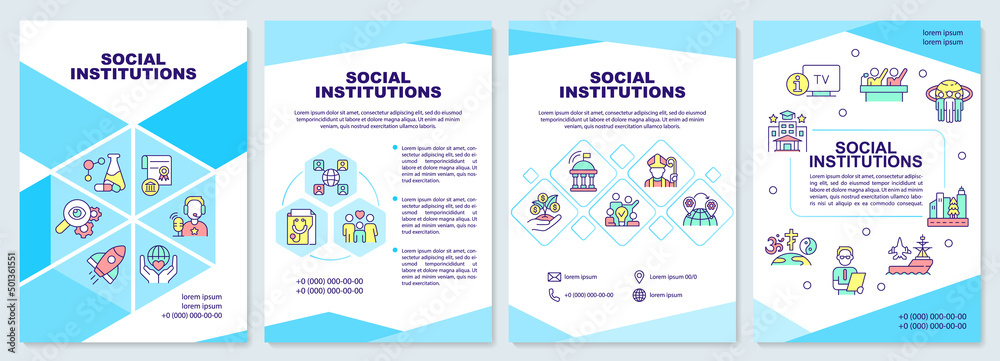Social institutions brochure template. Set of rules and norms. Leaflet design with linear icons. 4 vector layouts for presentation, annual reports. Arial-Black, Myriad Pro-Regular fonts used