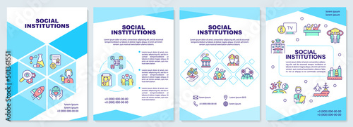 Social institutions brochure template. Set of rules and norms. Leaflet design with linear icons. 4 vector layouts for presentation, annual reports. Arial-Black, Myriad Pro-Regular fonts used