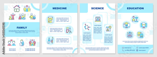 Social institutions examples brochure template. Pattern of behavior. Leaflet design with linear icons. 4 vector layouts for presentation, annual reports. Arial-Black, Myriad Pro-Regular fonts used