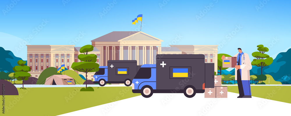 doctor giving help box with medical supplies to refugees humanitarian aid material assistance governmental help doctor giving help box with medical supplies to refugees humanitarian aid material assistance governmental help