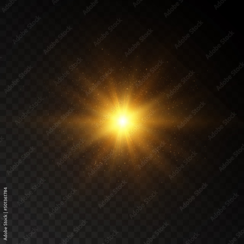 Bright yellow golden glow light effect with rays and glare for vector illustration. Bright sun