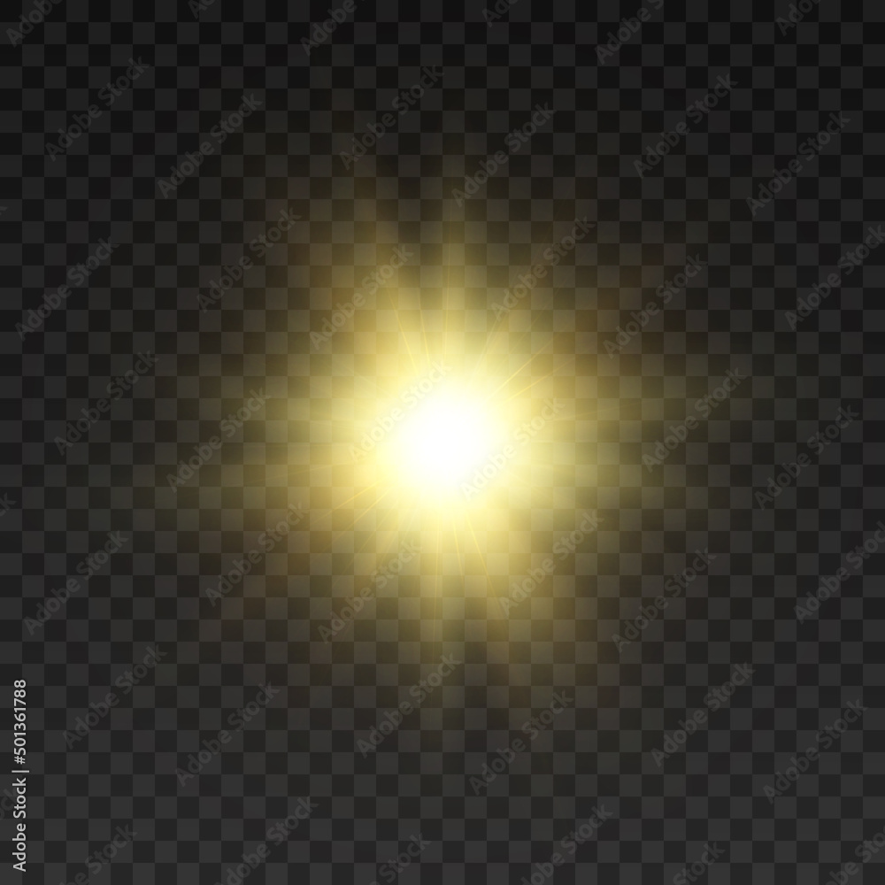 Bright yellow golden glow light effect with rays and glare for vector illustration. Bright sun