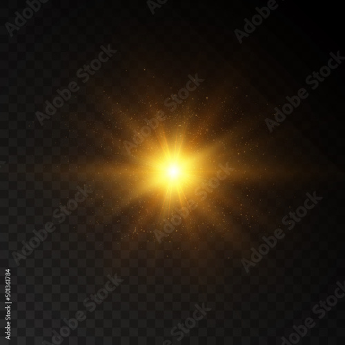 Bright yellow golden glow light effect with rays and glare for vector illustration. Bright sun photo