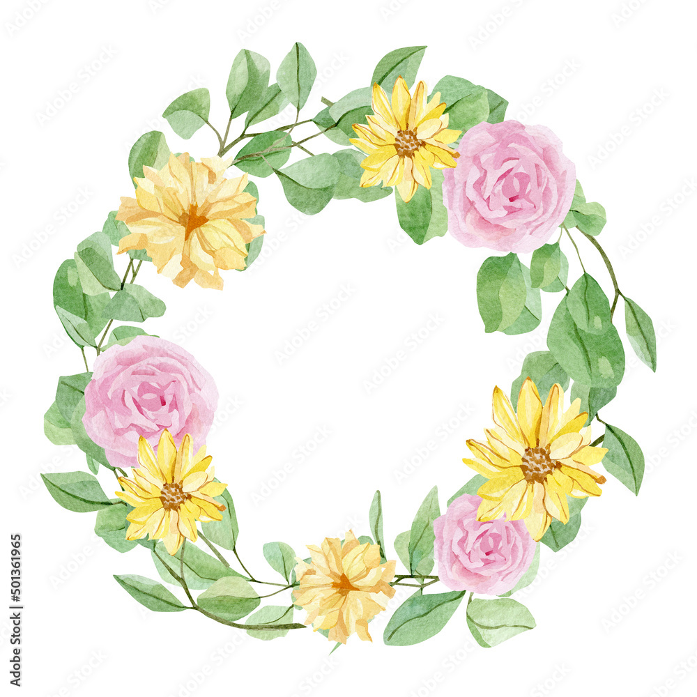Watercolor floral wreath illustration with rose, wildflowers, green leaves, for wedding stationery, greeting card, baby shower, banner, logo design.