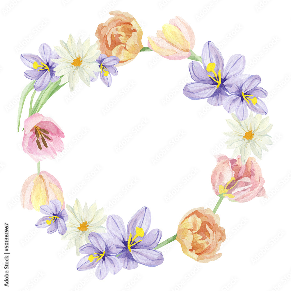 Watercolor floral wreath illustration with tulips and crocus, green leaves, for wedding stationery, greeting card, baby shower, banner, logo design.