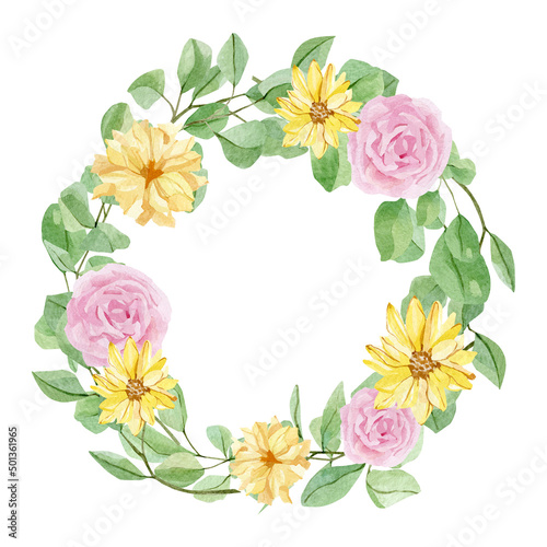 Watercolor floral wreath illustration with rose  wildflowers  green leaves  for wedding stationery  greeting card  baby shower  banner  logo design.