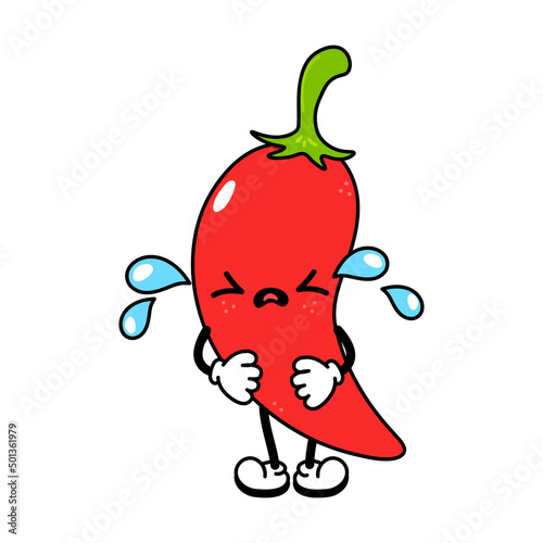 Cute funny crying sad chili pepper character. Vector hand drawn traditional cartoon vintage, retro,kawaii character illustration icon. Isolated white background. Cry chili pepper character concept