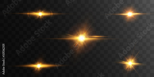Photographie Set of light effects golden glowing light isolated on transparent background