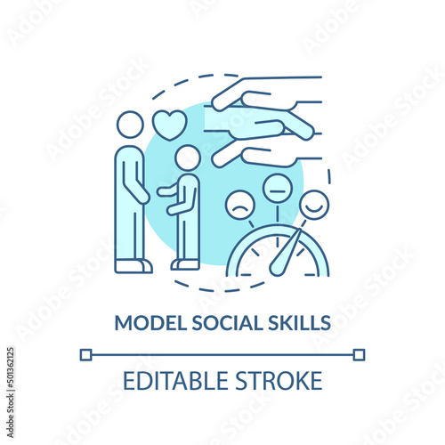 Model social skills turquoise concept icon. Teacher strategy. Trauma informed teaching abstract idea thin line illustration. Isolated outline drawing. Editable stroke. Arial, Myriad Pro-Bold fonts use