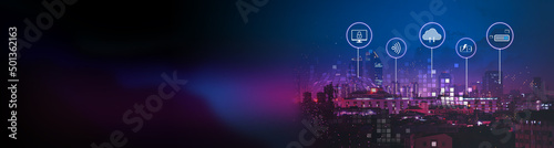 Panorama aerial view cityscape skyline with smart services and icons, internet of things, networks and augmented reality concept. Banner purple light neon color. Futuristic tone purple, neon 