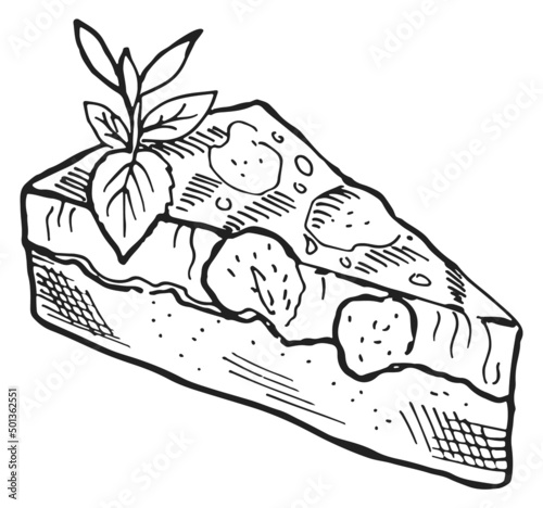 Strawberry pie slice engraving. Dessert bakery sketch