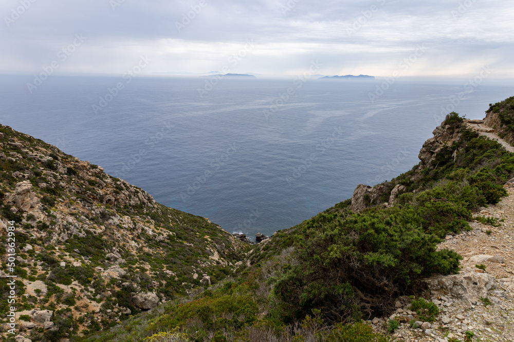 Landscape of Favignana and Levanzo seen from a path of Marettimo island. (Egadi) Aegadian Islands, Trapani, Sicily, Italy