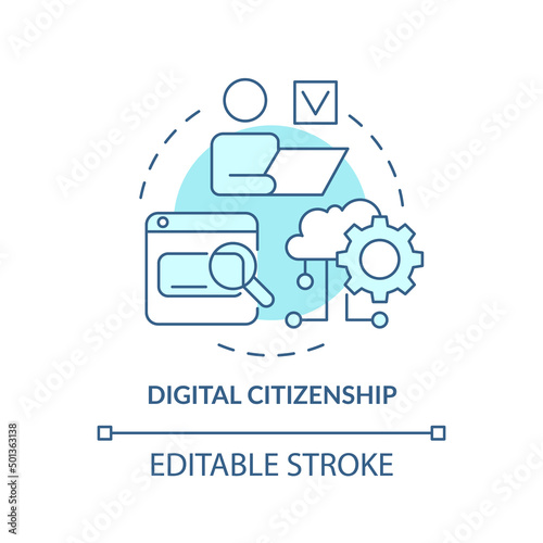 Digital citizenship turquoise concept icon. Online learning resources. Education trend abstract idea thin line illustration. Isolated outline drawing. Editable stroke. Arial, Myriad Pro-Bold fonts use