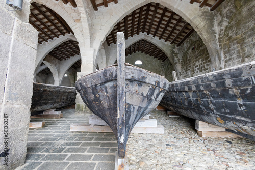 Favignana, (Egadi) Aegadian Islands, Trapani, Sicily, Italy - march 15 2022: ancient wooden boats used for fishing in famous Florio tuna factory or tonnara at Favignana island.