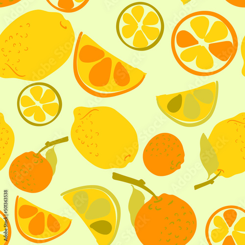 Citrus vector pattern. Lemon, mandarin, lime. Citrus slice. Yellow, green pattern.