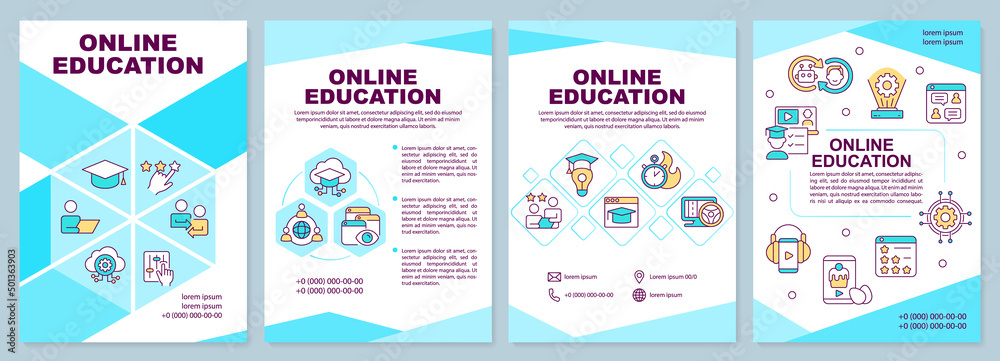 Online education blue brochure template. Learning trend. Leaflet design with linear icons. 4 vector layouts for presentation, annual reports. Arial-Black, Myriad Pro-Regular fonts used