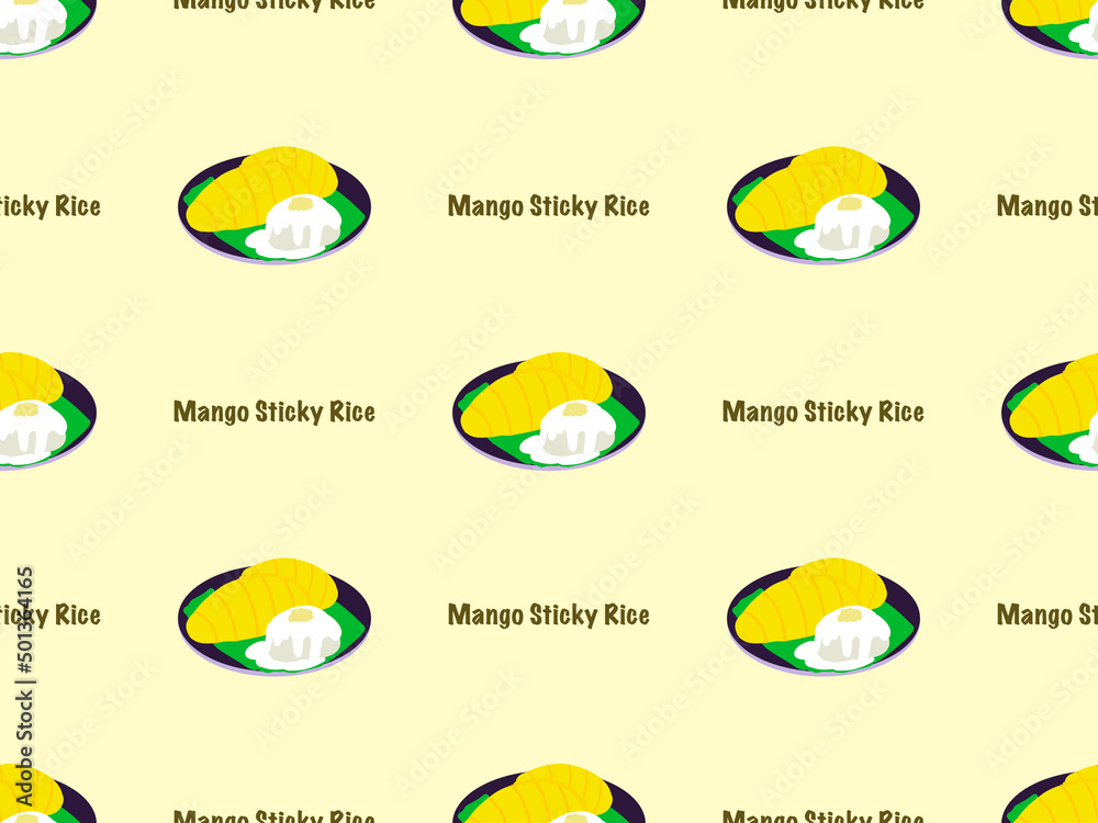 Mango Sticky Rice cartoon character seamless pattern on yellow background. Mango Sticky Rice cartoon character seamless pattern on yellow background.