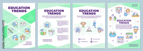 Education trends green brochure template. Learning innovations. Leaflet design with linear icons. 4 vector layouts for presentation, annual reports. Arial-Black, Myriad Pro-Regular fonts used