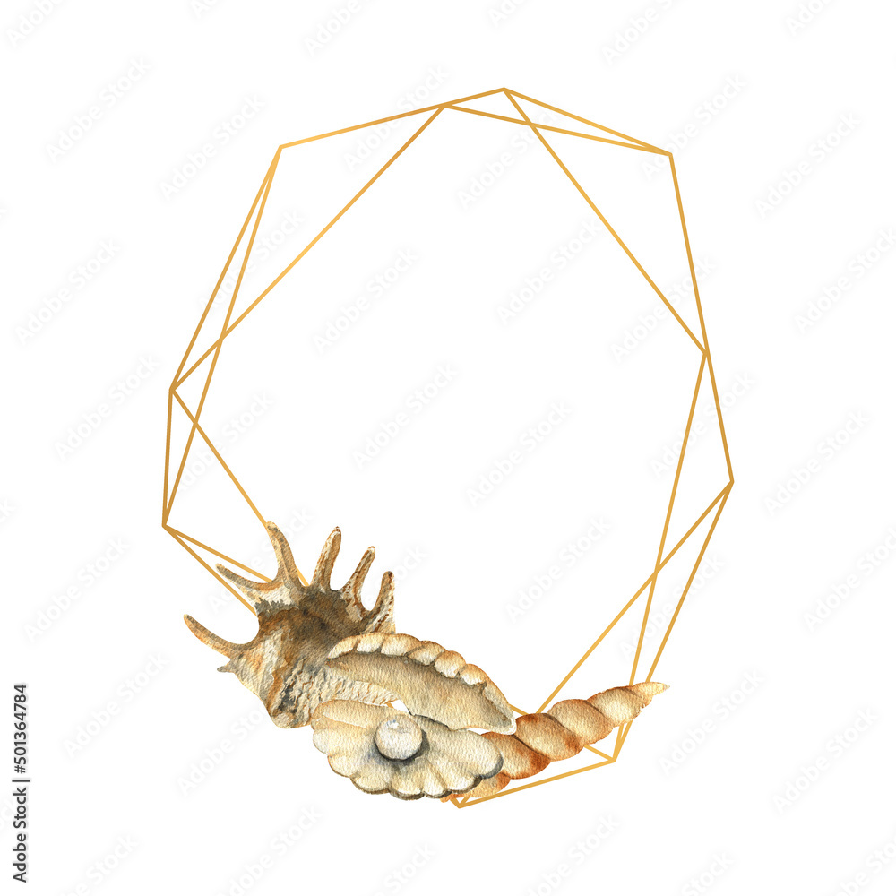 Obraz premium Hand-drawn Gold frame with shells, beach illustration. Watercolor seashells on a white isolated background