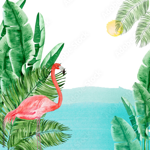 Pink flamingo and tropical foliage watercolor postcard. Summer hand drawn background for congratulations and invitations. Wall art and backdrop for forms.
