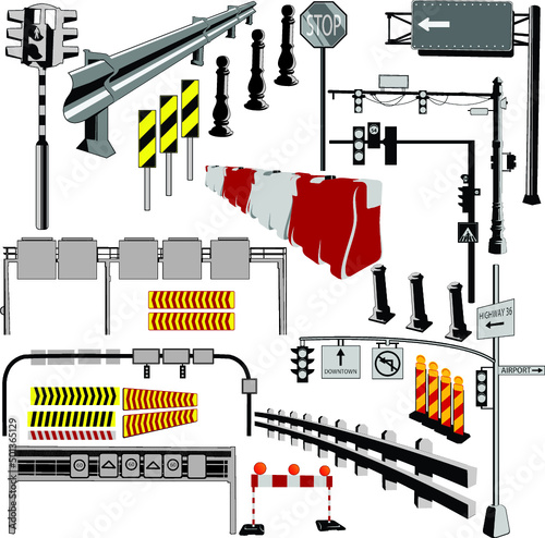 Road objects vector collection. Stop sign, directions panels, road lights, highway panels, road separation bars, traffic cones.