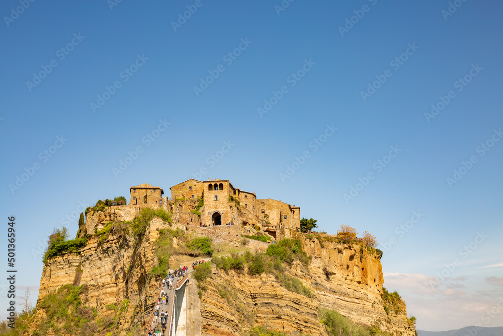 Close up view of city Civita di Bagnoregio with a view of the Calanchi Valley, Lazio, Bagnoregio, province of Viterbo.The most beautiful villages in Italy.The dying city