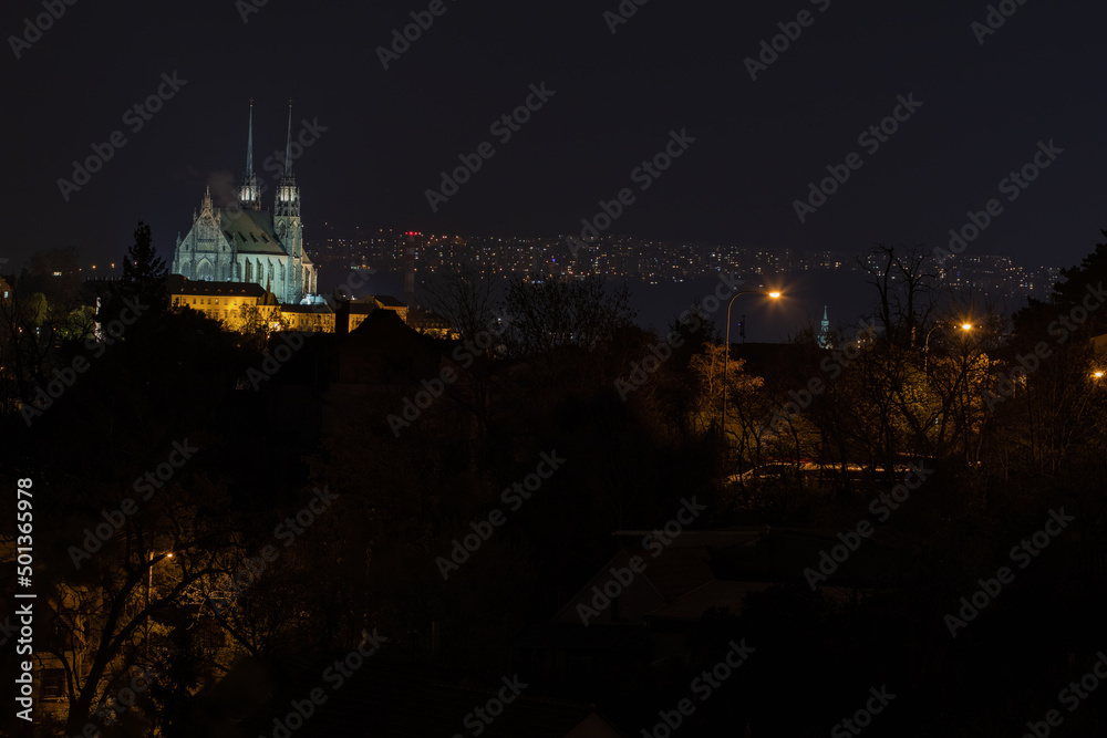 Obraz premium Beautiful old architecture. Petrov, the Cathedral of St. Peter and Paul at night. City of Brno - Czech Republic.