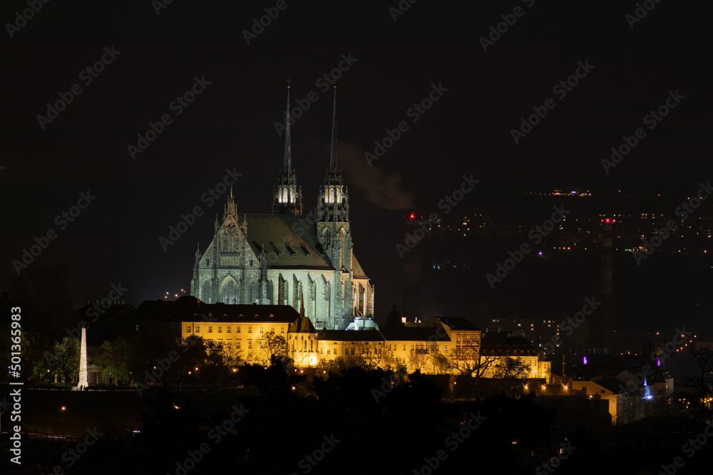 Obraz premium Beautiful old architecture. Petrov, the Cathedral of St. Peter and Paul at night. City of Brno - Czech Republic.