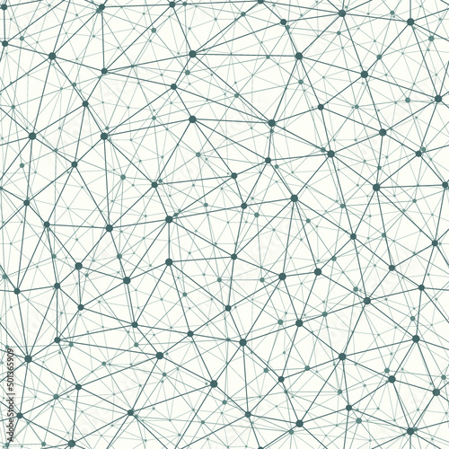 Repetitive bionic connection vector background with dots in nodes. Molecule connection with 3D effect. Monochrome seamless pattern.