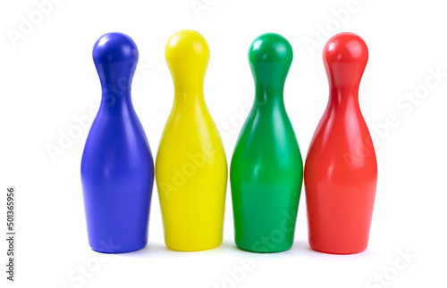 Set of collored bowling pins isolated on a white background. Skittles isolated on a white background.